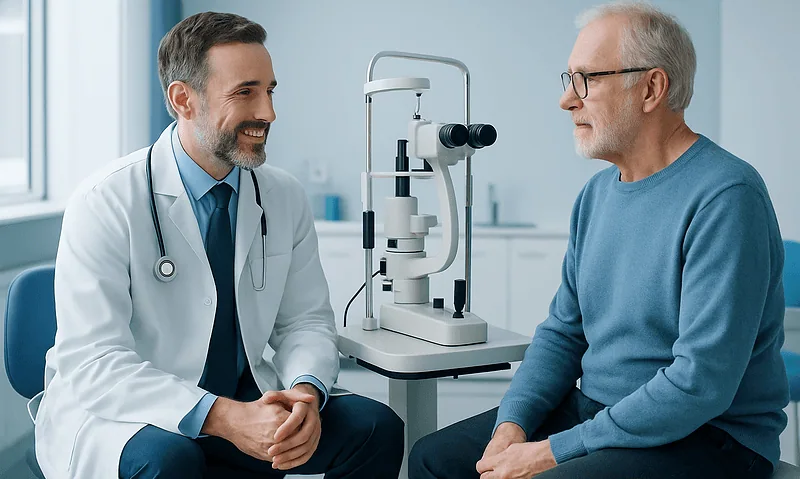 Retina specialist consulting an elderly patient in a modern clinic.