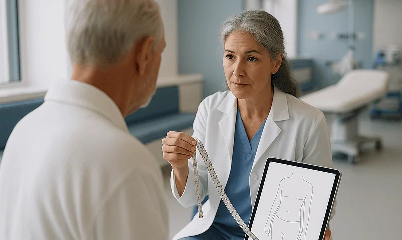 Doctor consulting with patient about body contouring and liposuction options.