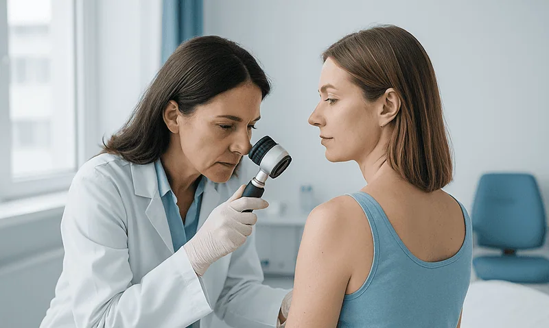 Dermatologist examining patient's skin with a dermatoscope in a clinical setting.