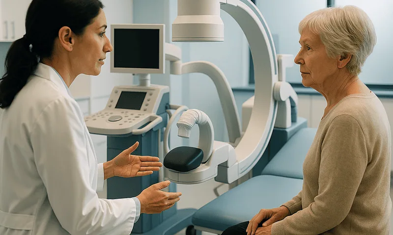 Doctor explaining procedure to elderly patient in medical imaging room.