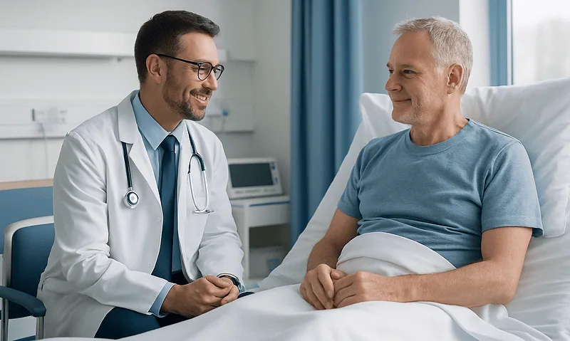 Doctor consulting with a patient in a hospital room.