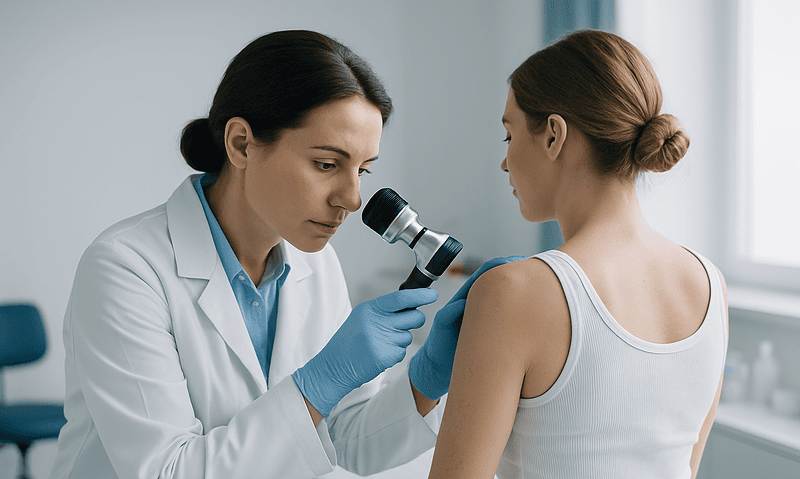 Dermatologist examining patient's skin with a microscope in a clinical setting.