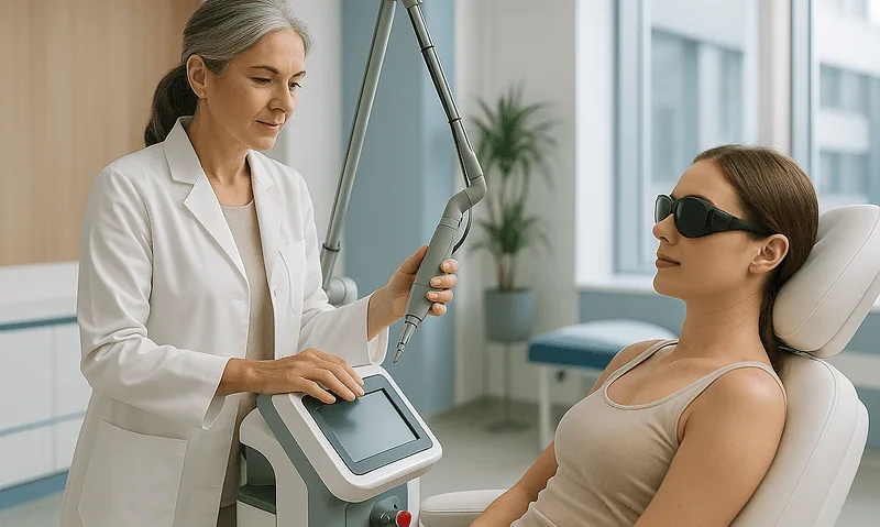 Medical professional performing laser treatment on patient at Acibadem Hospital.