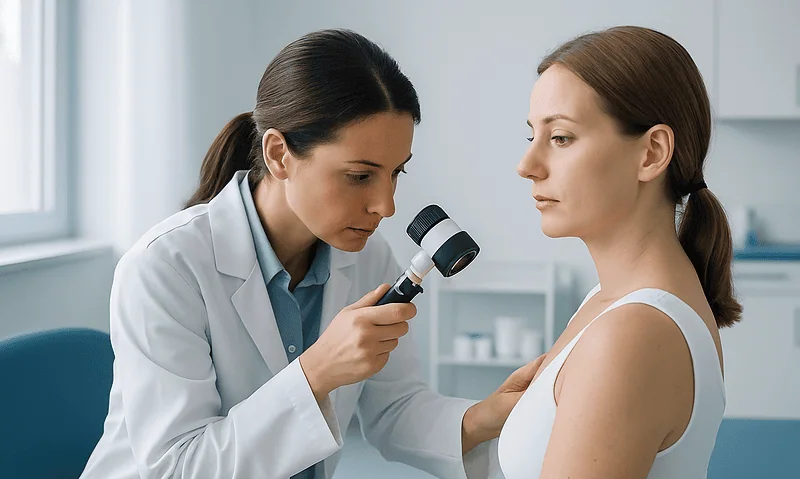 Dermatologist examining patient's skin with a magnifying tool in clinic.