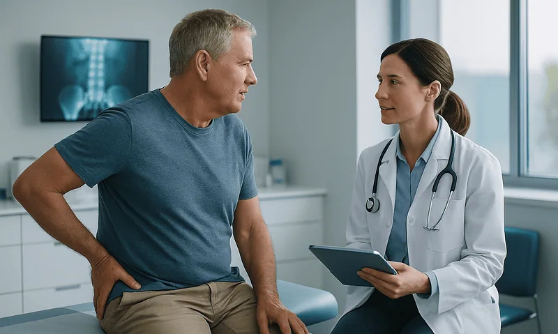 Doctor consulting with a male patient in a modern hospital room.