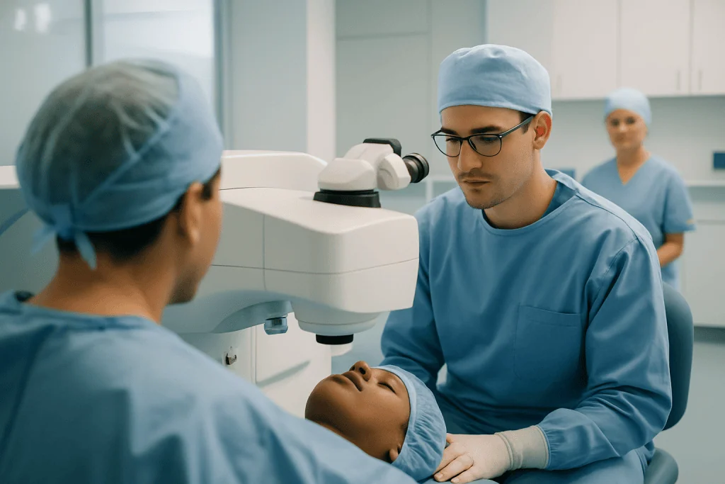 Laser Surgery 1 Surgeons performing laser eye surgery in a modern medical facility.