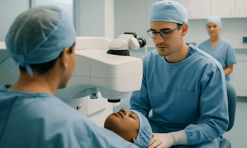 Surgeons performing laser eye surgery in a modern medical facility.
