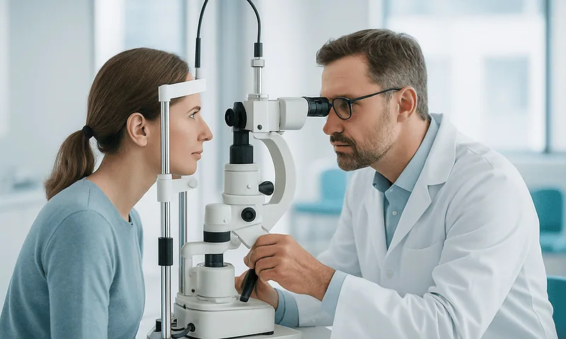Ophthalmologist examining a young woman's eye with a slit lamp.