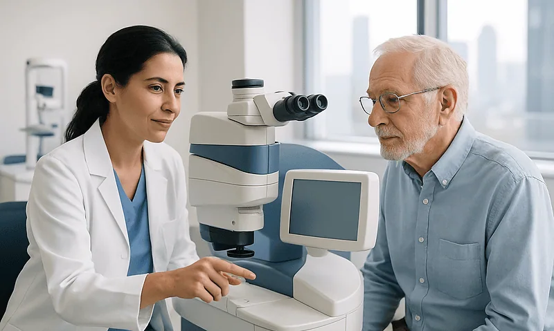 Doctor and patient using a microscope in a modern medical clinic.