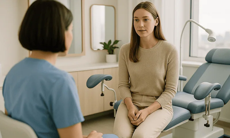 Patient consulting with doctor in a medical examination room at Acibadem Hospitals.