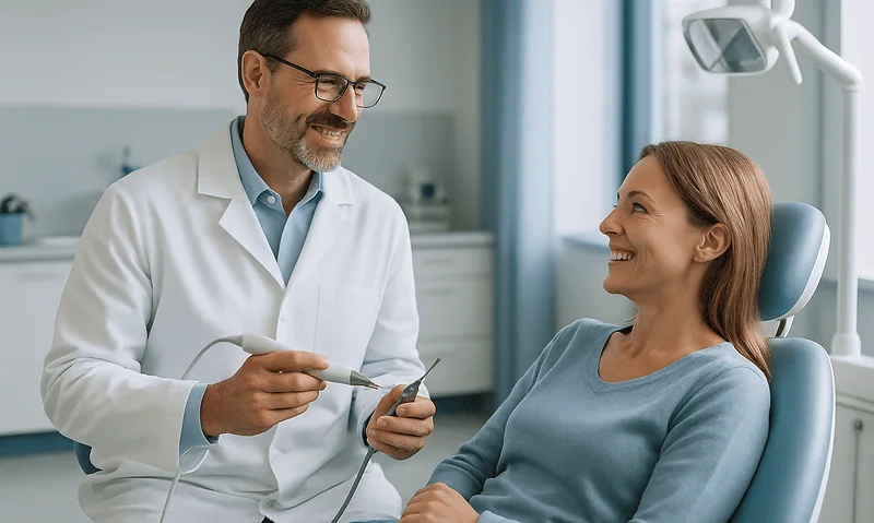 Dentist consulting a patient in a modern dental clinic.