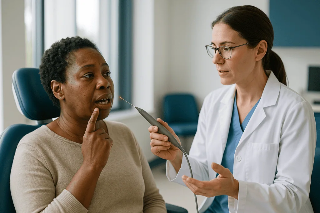 Doctor examining patient's throat or mouth with probe: Lasers for gum disease: what the evidence supports and where it stops
