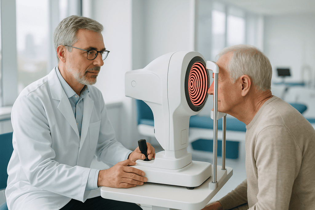 Ophthalmologist performs eye test with specialized equipment on elderly patient.