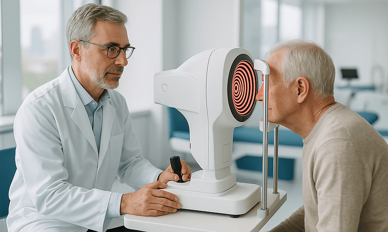 Ophthalmologist performs eye test with specialized equipment on elderly patient.