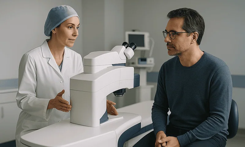 Ophthalmologist explains eye exam to patient at Acibadem Hospital in Turkey.