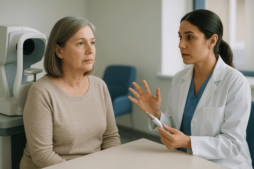 Female eye doctor consulting mature female patient in clinic: LASIK, PRK or lens surgery: which options treat hyperopia?