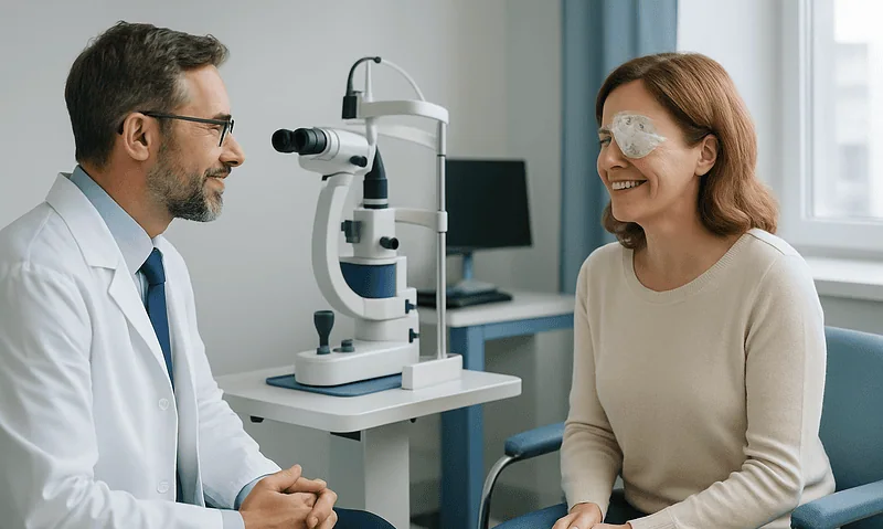 Ophthalmologist consulting with a patient in a clinical setting.