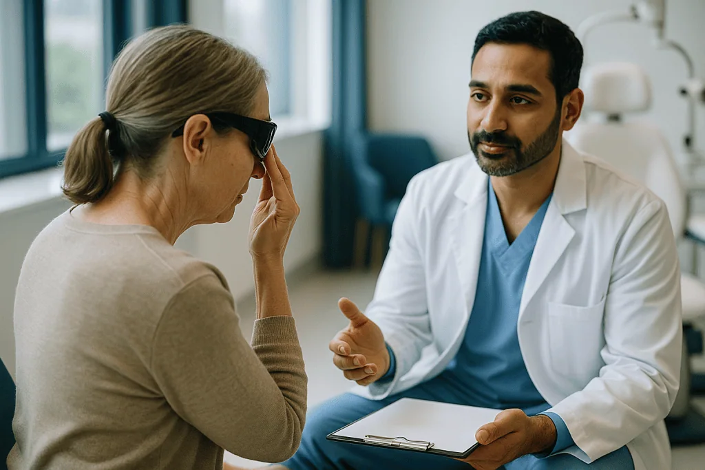Doctor consulting with patient about vision or eye concerns: LASIK recovery timeline at a glance