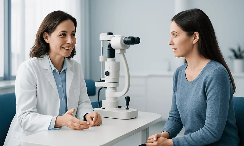 Optometrist explains eye health to patient during consultation at clinic.