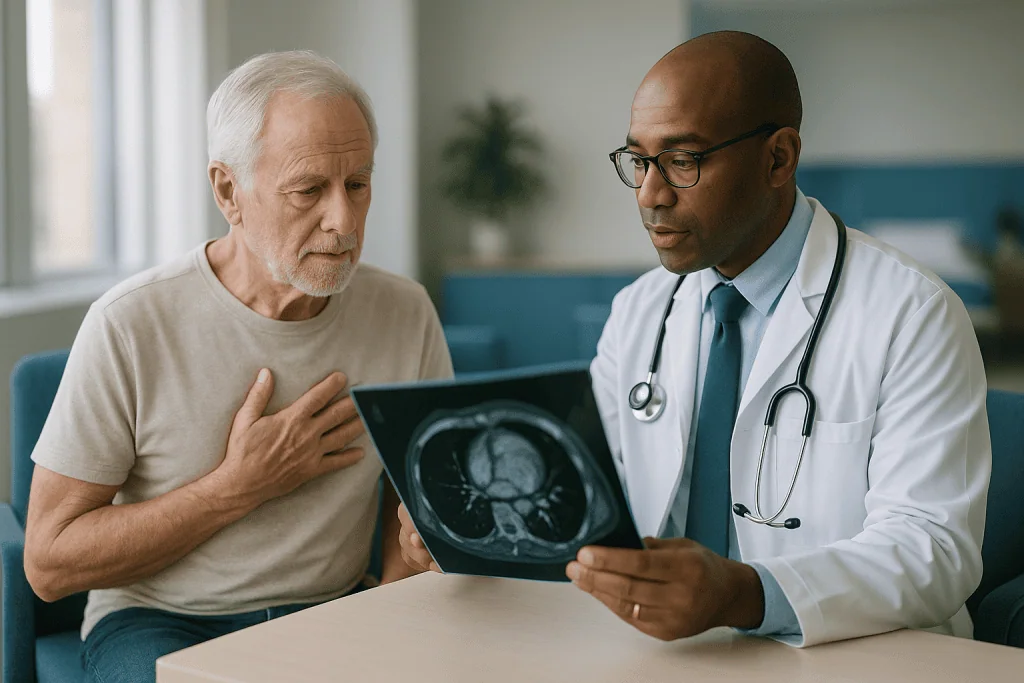 Doctor reviewing cardiac MRI scan with elderly patient: Late gadolinium enhancement meaning: why scar changes the conversati