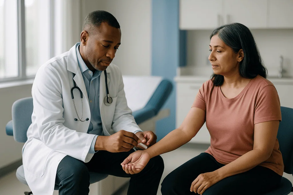 Doctor examining patient's arm during medical consultation: Latent TB infection test: skin test or blood test?