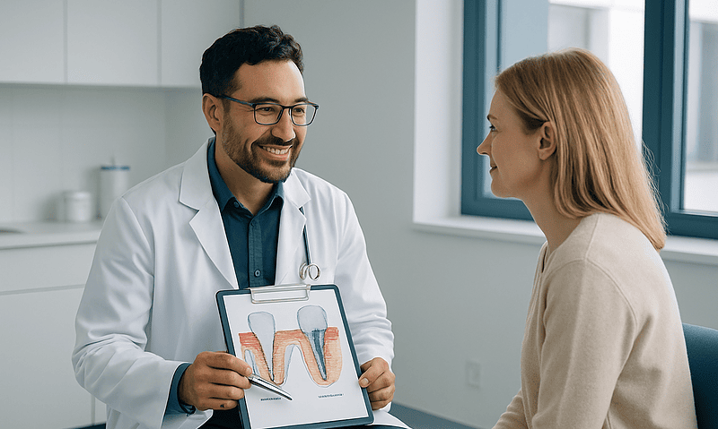 Dentist explaining sinus lift procedure to patient with dental diagram.