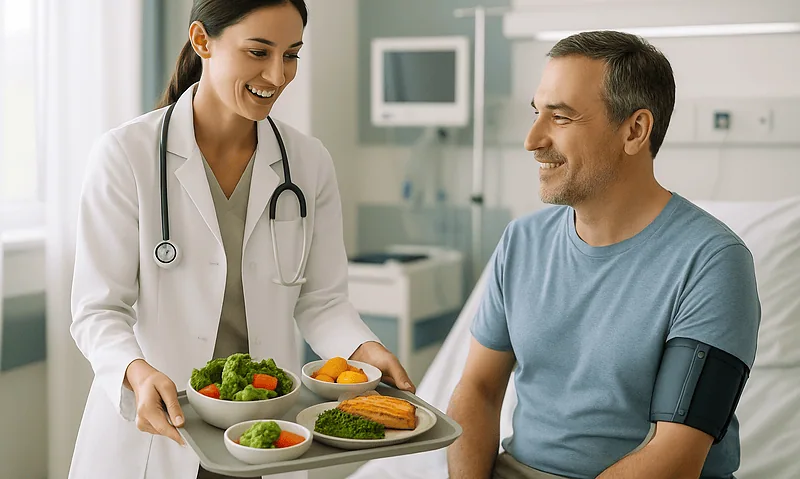 Healthcare professional serving healthy food to a patient in hospital.
