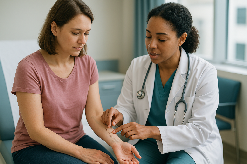 Doctor examining patient's arm during consultation: Layered closure: why surgeons stitch in layers