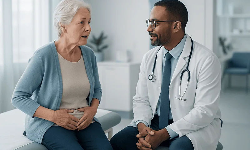 Doctor consulting elderly woman about bladder health in a clinic setting.