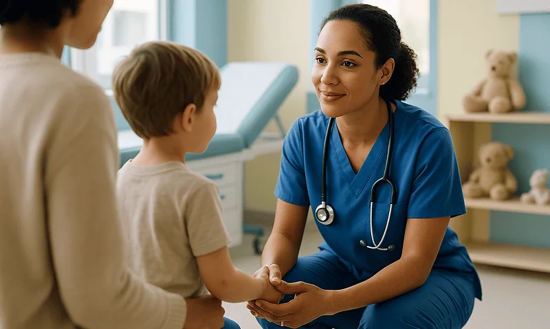 Child and parent consulting with a pediatric specialist in a hospital setting.