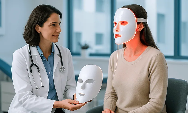 Doctor explaining red light therapy mask to patient in clinic setting.