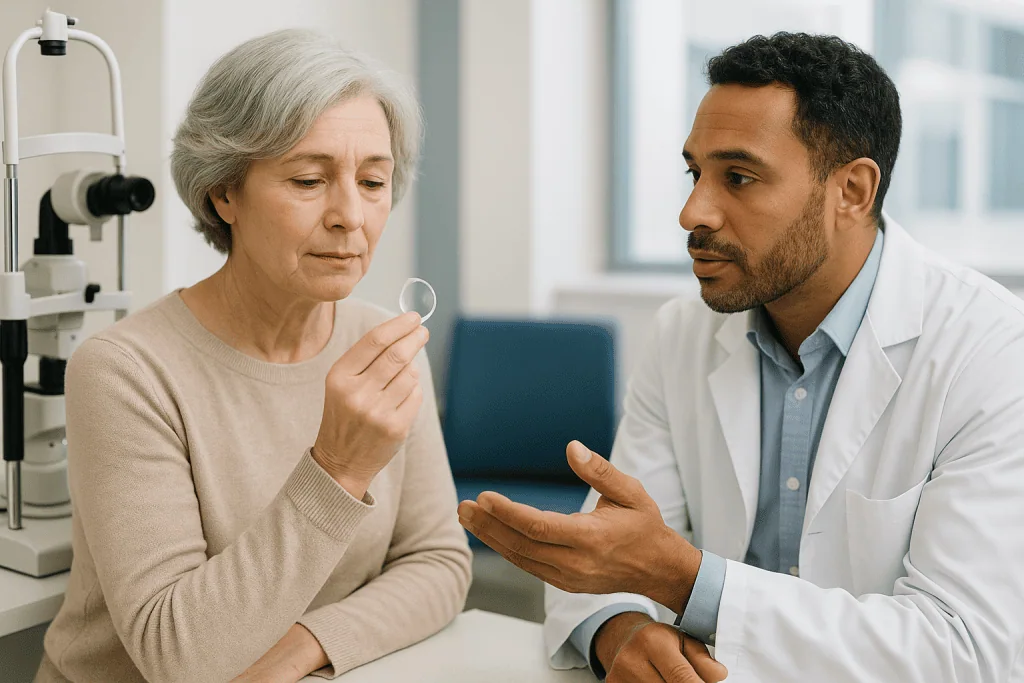 Ophthalmologist consulting senior patient about contact lens — Lens-based vision correction when laser is not the right tool