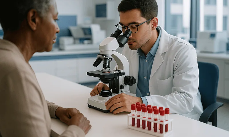 Doctor examining blood sample under microscope in a hospital setting.