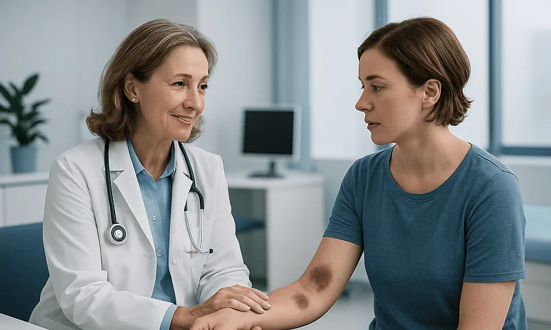 Doctor examining a patient's bruise in a medical consultation room.
