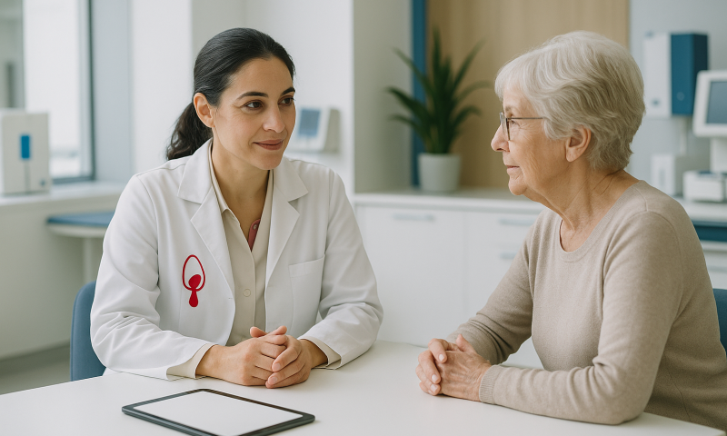 Doctor consulting with elderly patient in a hospital setting.