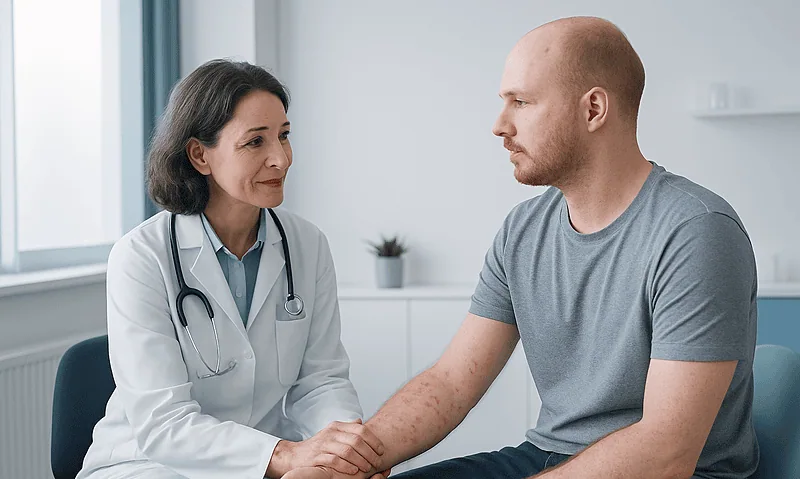 Doctor examining patient's arm with skin rash in clinic setting.
