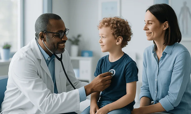 Pediatric doctor examining a young boy with a stethoscope in a clinic.