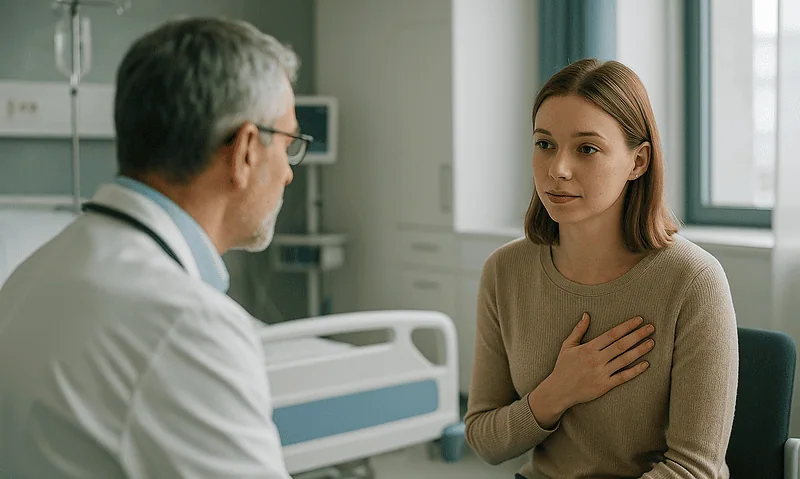 Patient consulting with doctor in hospital room for leukemia treatment options.