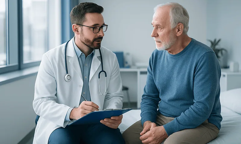 Doctor consulting with an elderly patient in a hospital room.