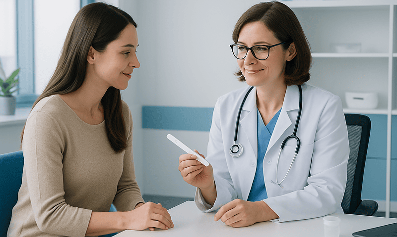 Doctor explaining fertility test results to a patient in a clinic setting.