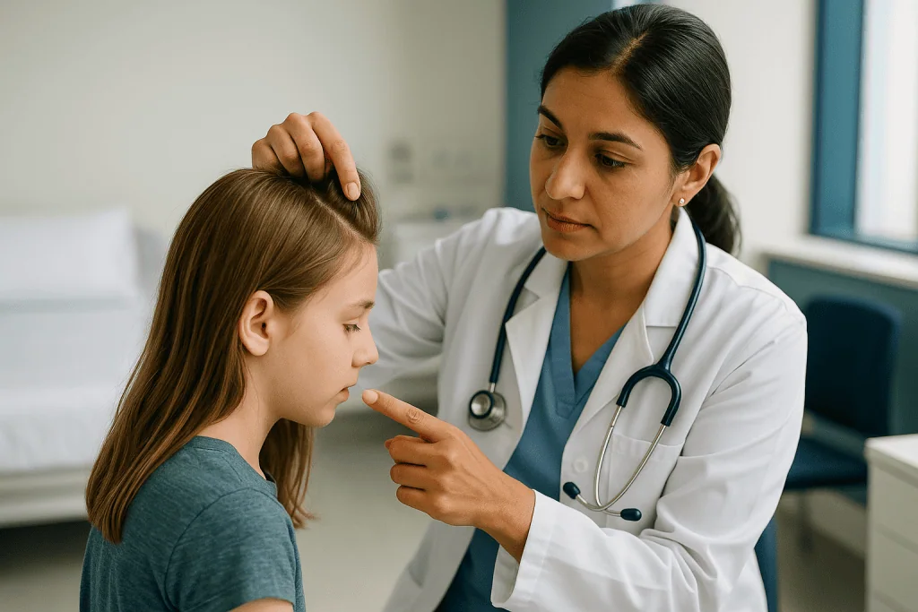 Female doctor examining child's head and scalp: Lice vs dandruff: telling nits from flakes