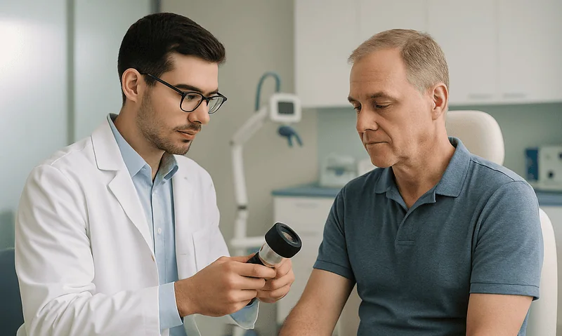 Doctor examining skin condition of a patient in a clinical setting.