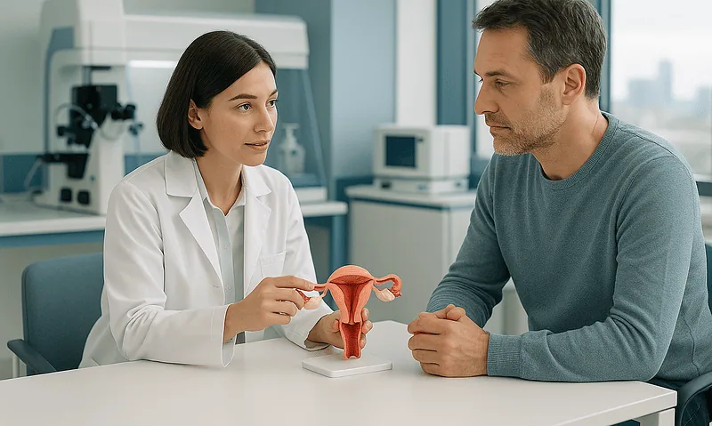 Doctor explaining gynecological health to a patient with a model of female reproductive system.