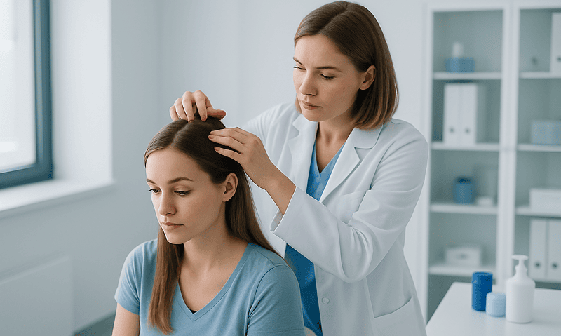 Doctor examining patient's scalp post-craniotomy for hair regrowth.