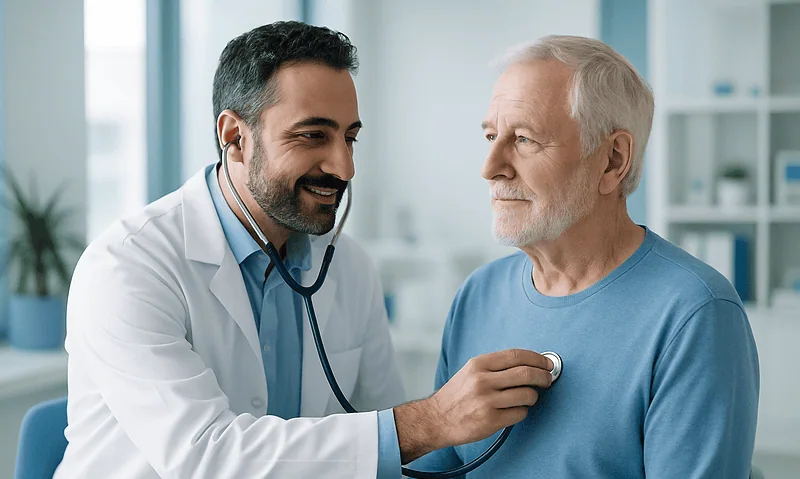 Doctor examining senior patient with stethoscope in clinic setting.