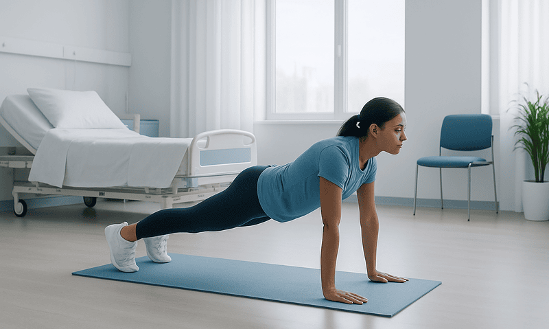 Pregnant woman doing plank exercise in hospital room.