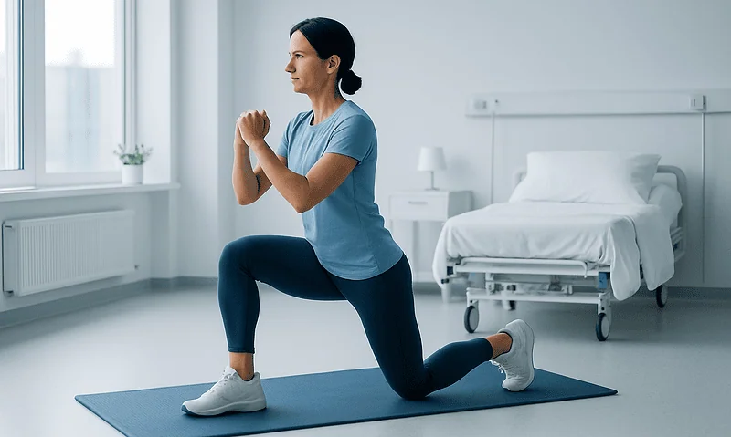 Woman exercising in hospital room after pneumothorax recovery.