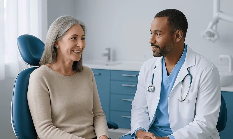 Dentist consulting with a smiling female patient in a modern dental clinic.
