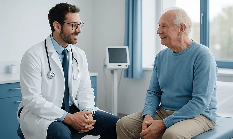 Doctor consulting with elderly patient in hospital room.
