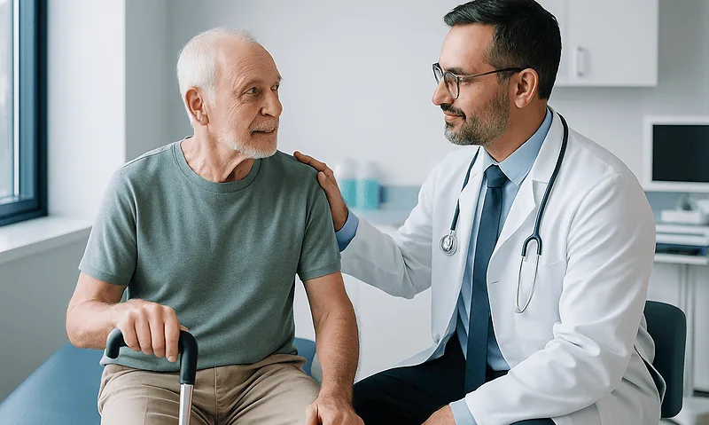 Doctor consulting with elderly patient in hospital room.